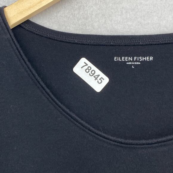 EILEEN FISHER Top L Cotton Interlock Jersey Scoop Neck 3/4 Sleeve Black - Picture 11 of 11